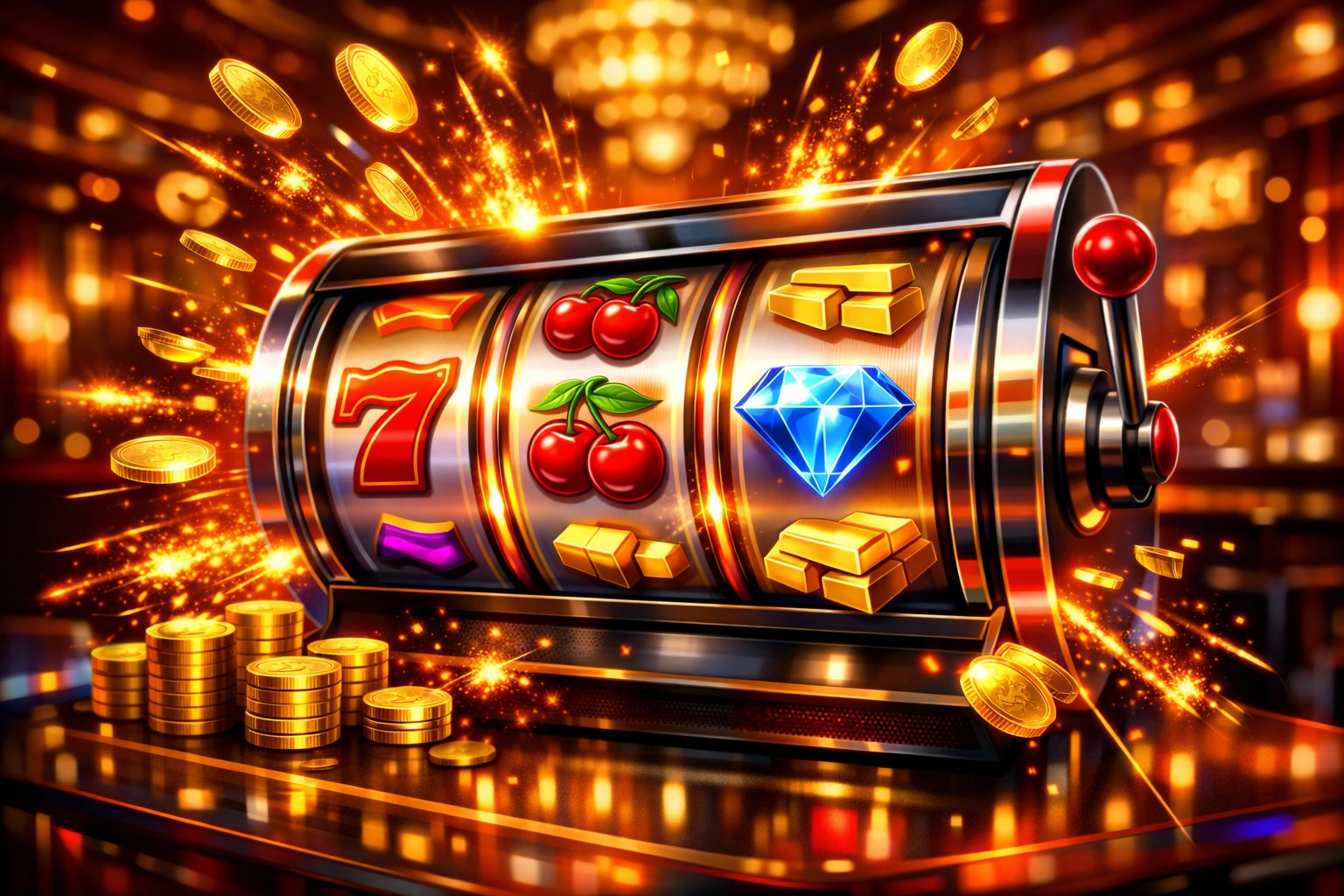 A Glowing Slot Machine With Spinning Reels And Colorful Symbols Surrounded By Sparkling Coins And Lights In A Casino Setting.