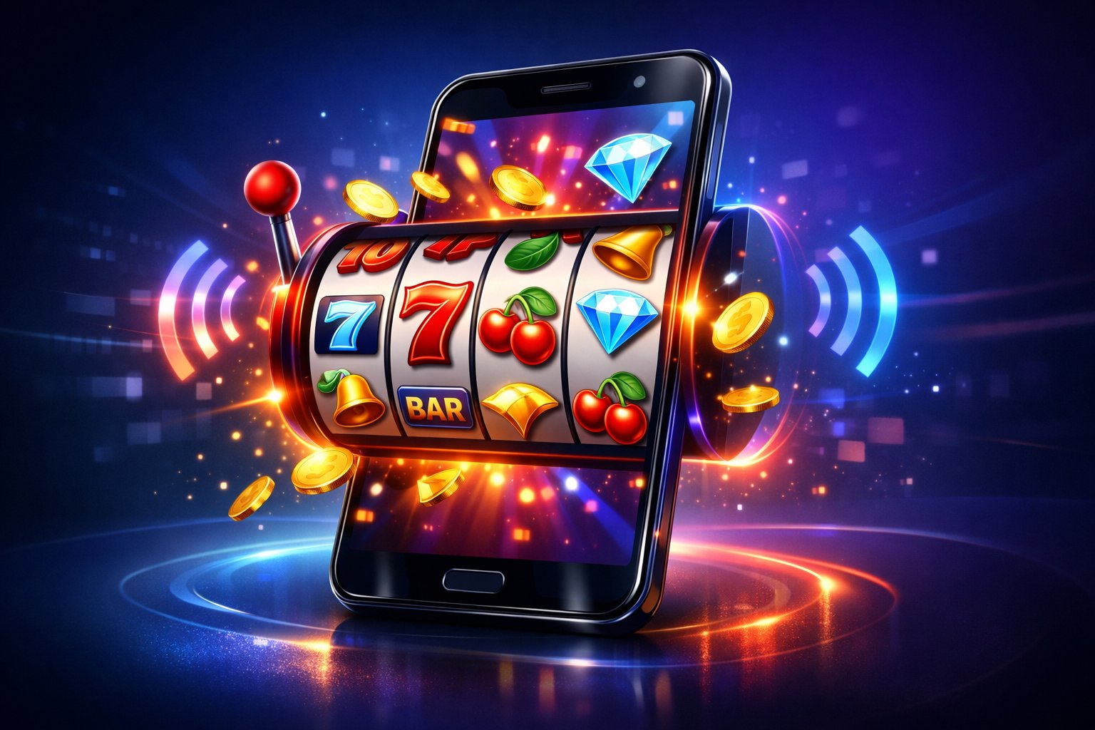 A Smartphone Showing A Colorful Slot Machine Game With Spinning Reels And Bright Symbols, Surrounded By Glowing Digital Effects On A Dark Blue And Purple Background.