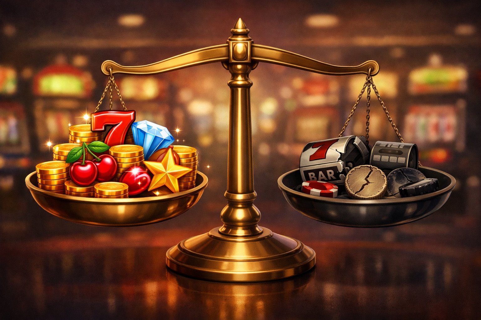 A Balanced Scale Showing Colorful Slot Machine Symbols And Coins On One Side And Broken Slot Parts On The Other, Set Against A Casino Background.