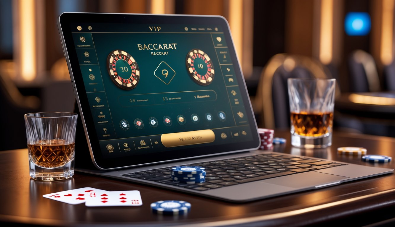 Suasana permainan baccarat VIP online dengan layar perangkat digital, gelas minuman, chip poker, dan kartu di atas meja kayu yang elegan.