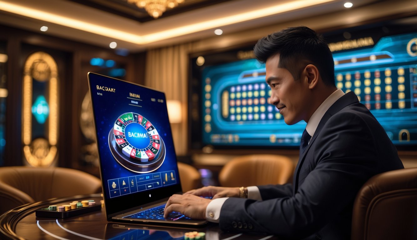 Seorang pria Indonesia berpakaian rapi sedang bermain baccarat online di laptop di ruangan mewah dengan pencahayaan hangat.