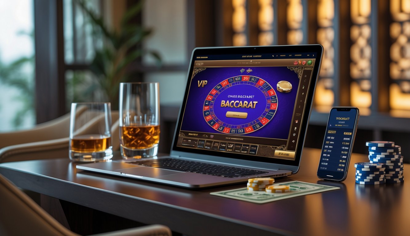 Seorang pemain sedang menggunakan laptop di ruang mewah dengan suasana elegan dan alat taruhan baccarat di sekitarnya.