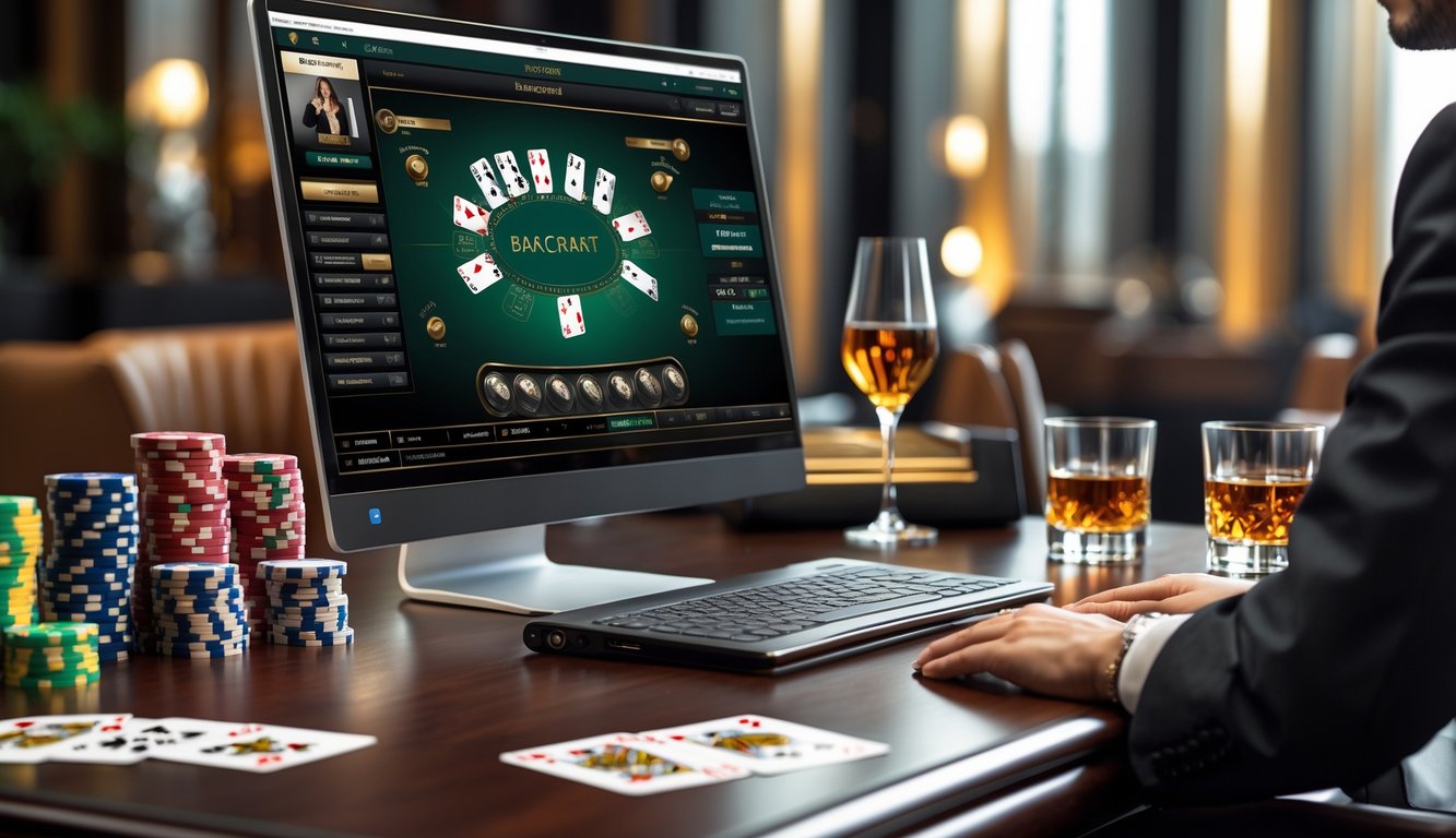 Seorang pemain sedang menggunakan komputer dengan layar menampilkan permainan baccarat, dikelilingi oleh tumpukan chip poker dan kartu remi di atas meja kayu, menciptakan suasana taruhan besar dan mewah.
