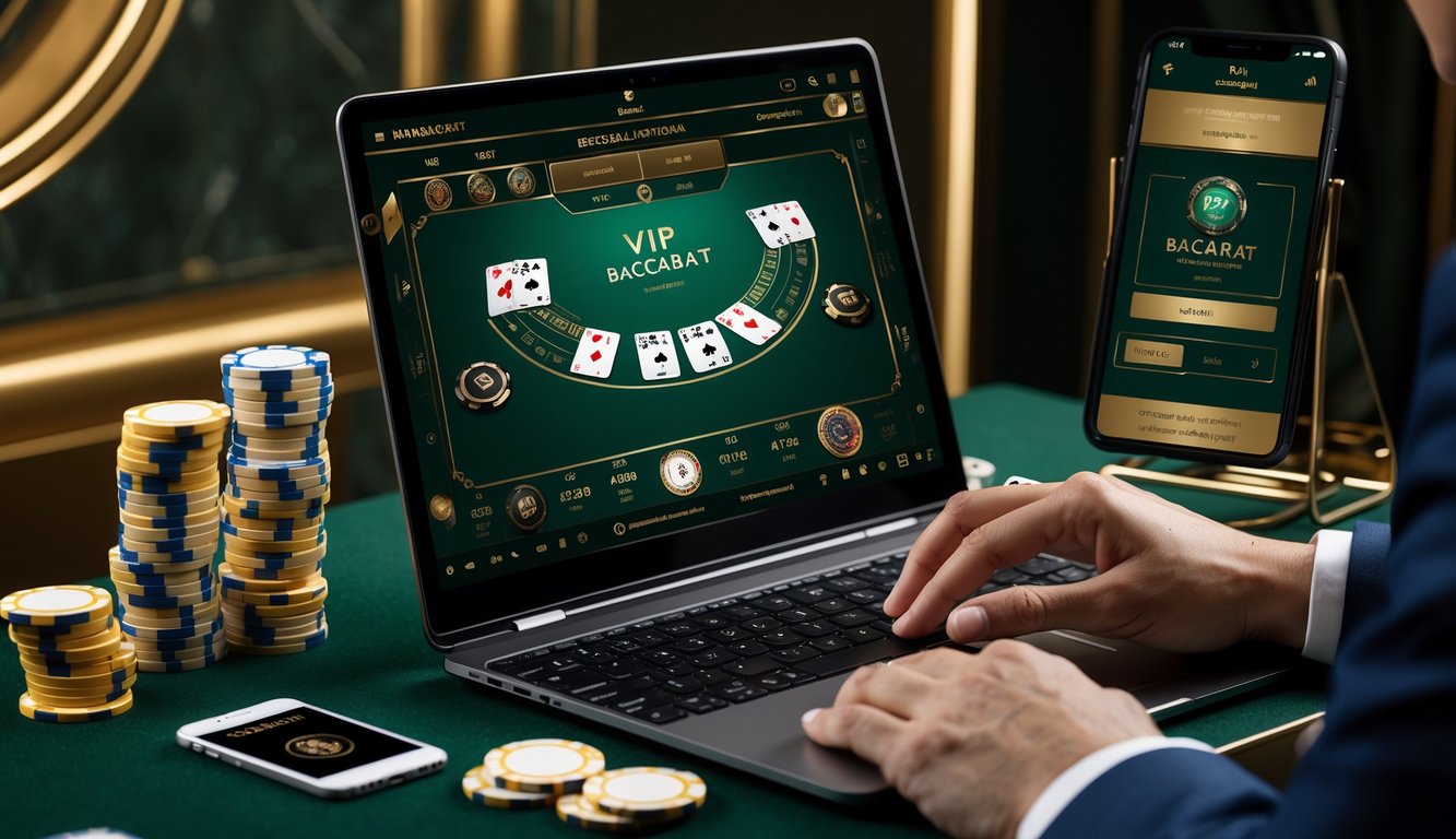 Seseorang menggunakan laptop dan smartphone untuk bermain baccarat online dengan tumpukan chip taruhan di meja.