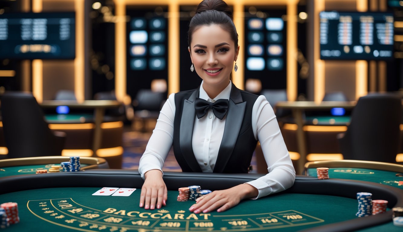 Seorang dealer wanita profesional duduk di meja baccarat mewah dengan kartu dan chip, di studio permainan online yang modern dan terang.