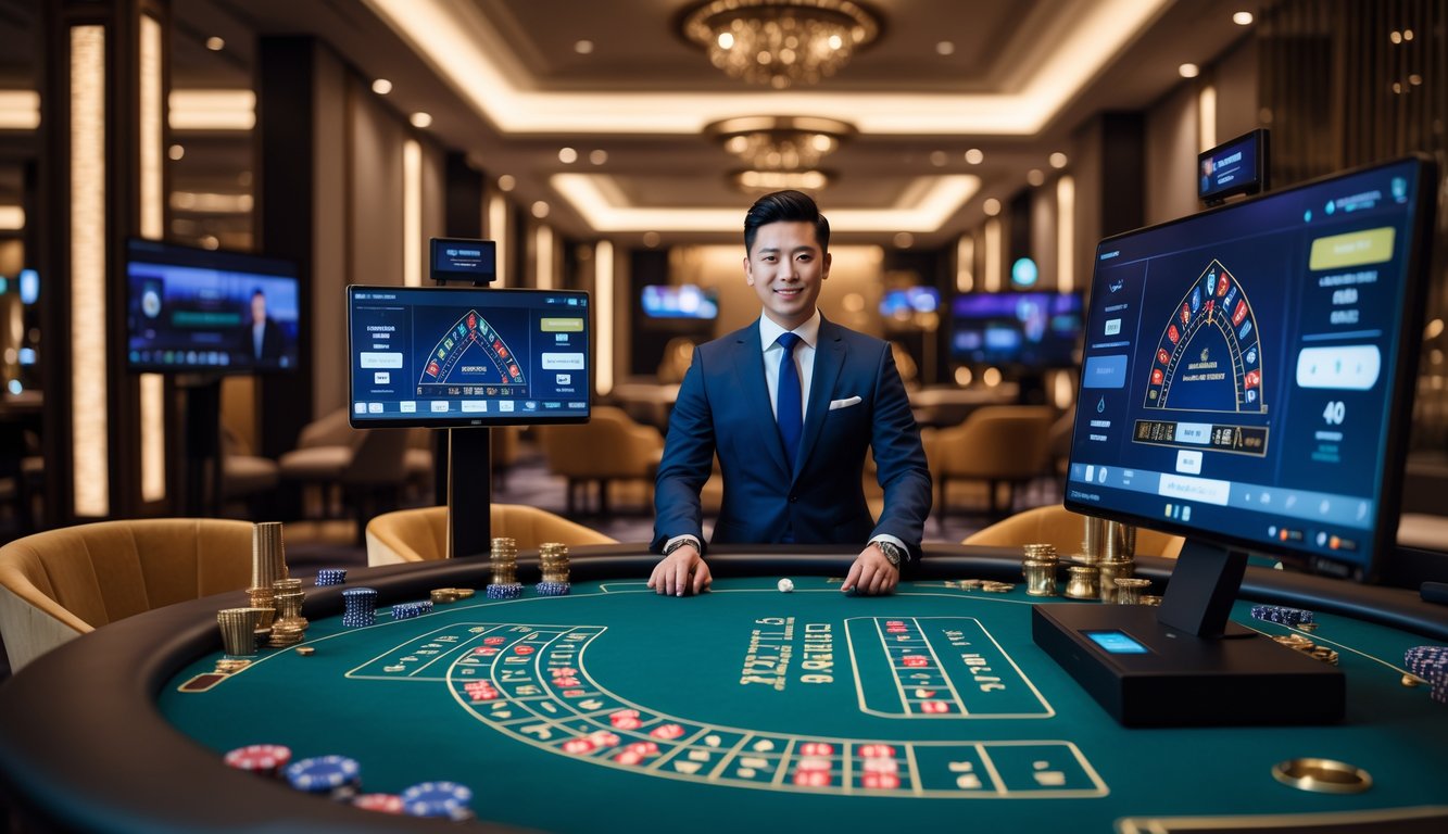 Seorang dealer profesional sedang memimpin permainan baccarat VIP online di meja kasino yang mewah dengan peralatan siaran langsung.