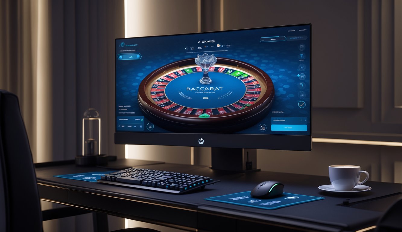 Sebuah meja baccarat VIP online yang elegan dan modern di depan monitor komputer di ruangan yang tenang dan mewah tanpa gangguan.
