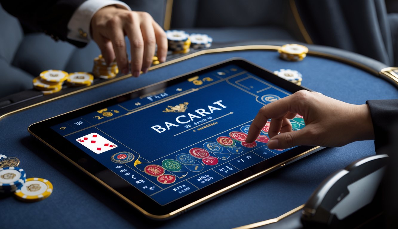 Seorang pemain sedang bermain baccarat online di meja VIP dengan layar digital yang menampilkan kartu dan chip baccarat.