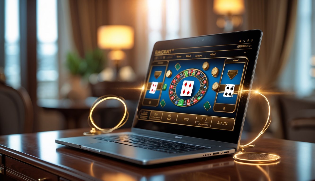 Seorang pengguna bermain permainan baccarat online di komputer dengan suasana mewah dan pencahayaan hangat.