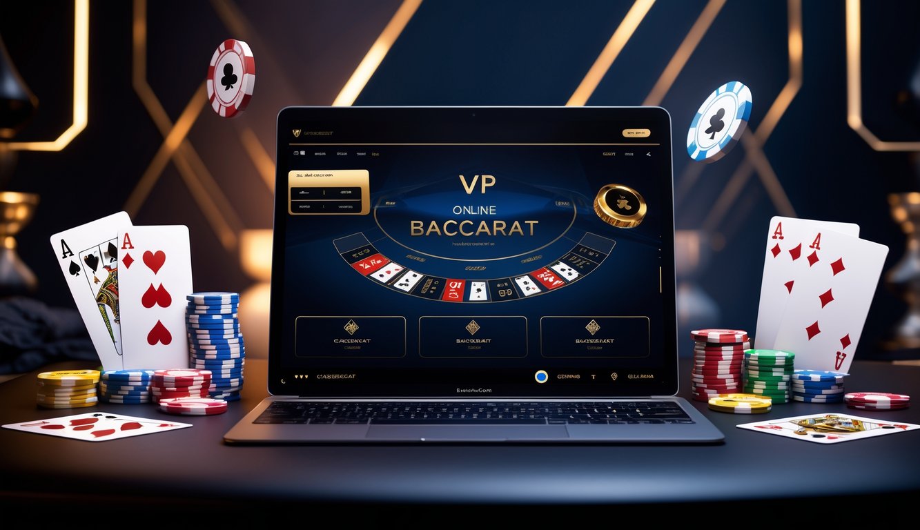 Suasana permainan baccarat online VIP dengan perangkat digital dan simbol cashback di latar mewah.
