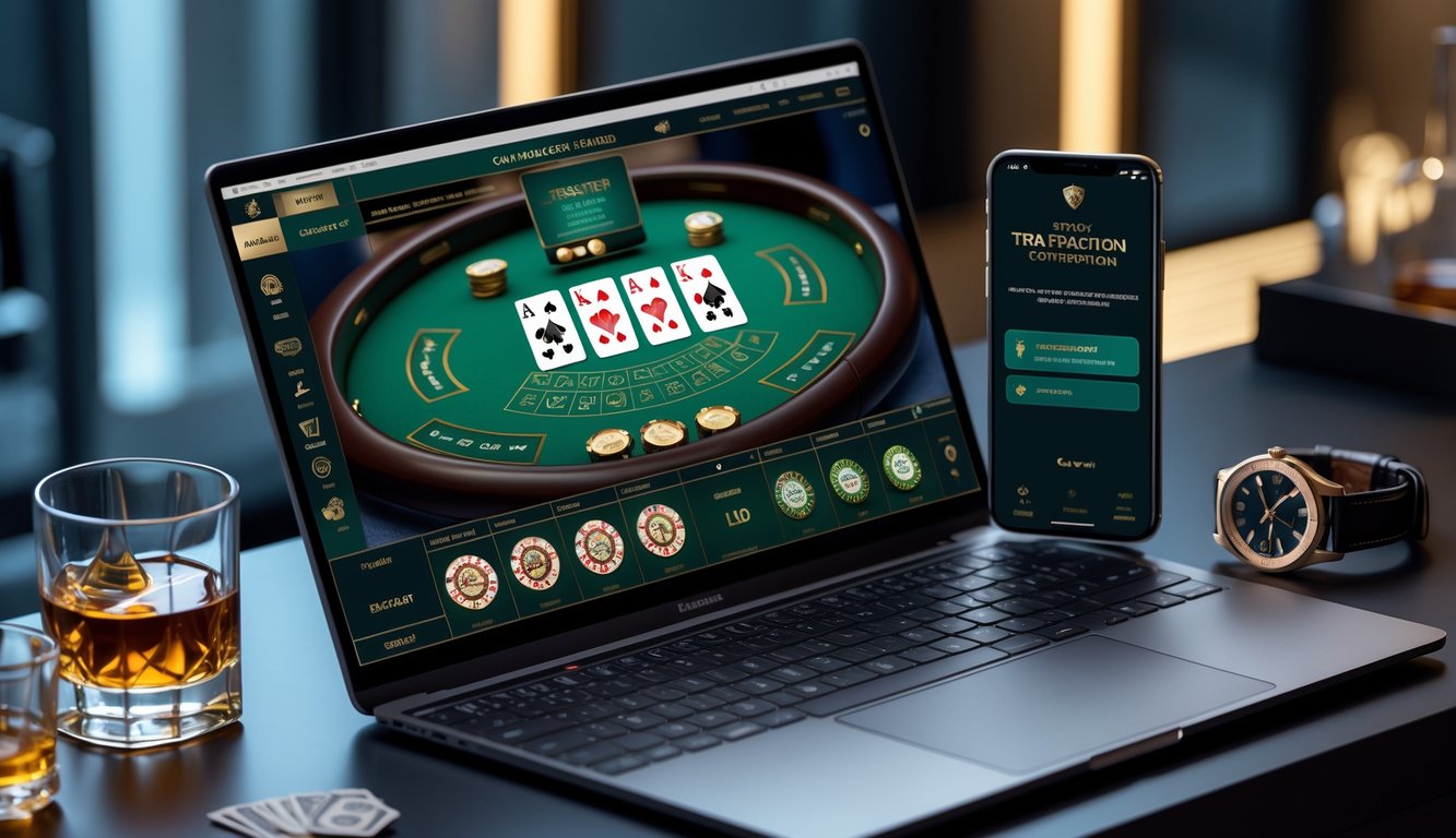 Seorang pemain menggunakan komputer dan ponsel untuk bermain baccarat online dengan suasana mewah dan aman.