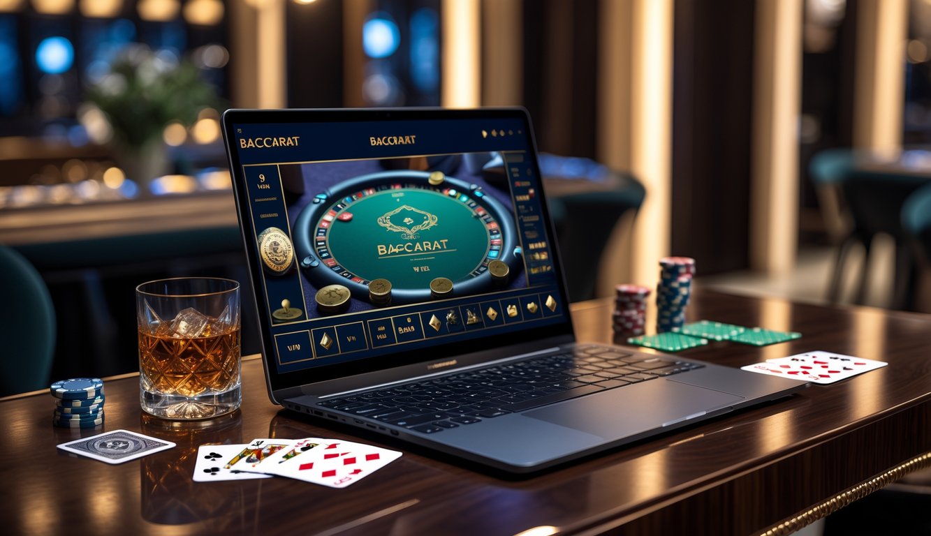 Sebuah komputer dengan tampilan permainan baccarat online di meja kayu, dikelilingi oleh chip poker dan kartu remi dalam suasana mewah.