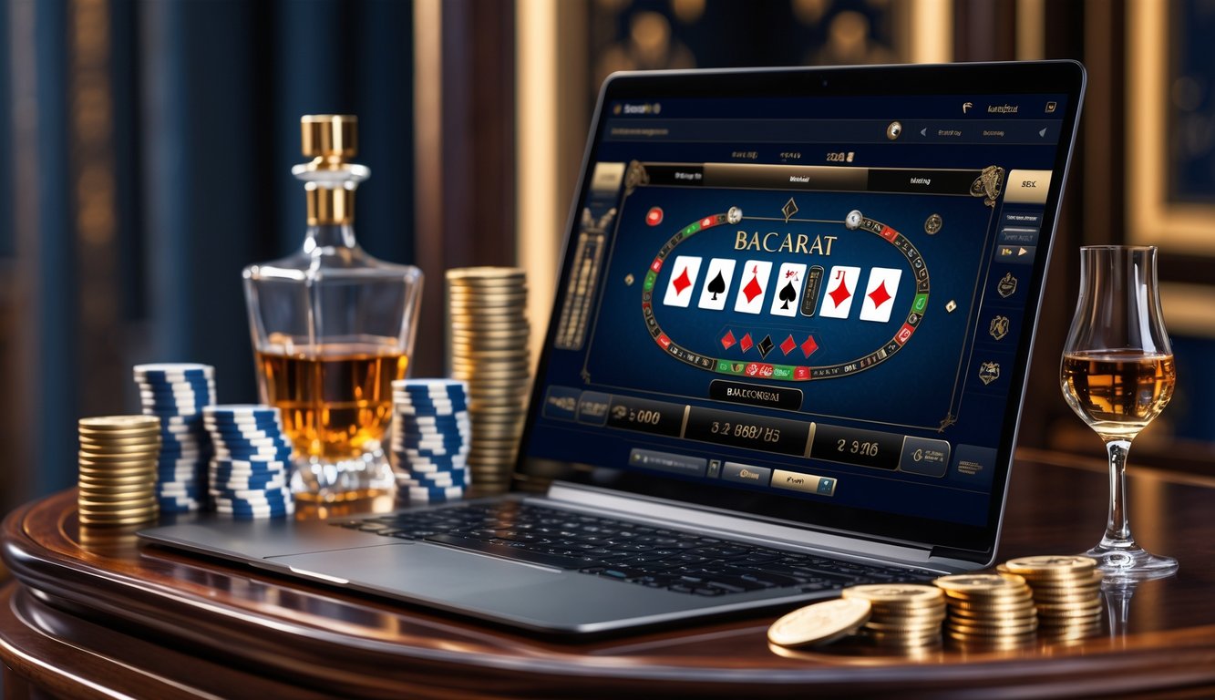 Seseorang sedang bermain baccarat online di komputer dengan tumpukan chip dan minuman di meja.