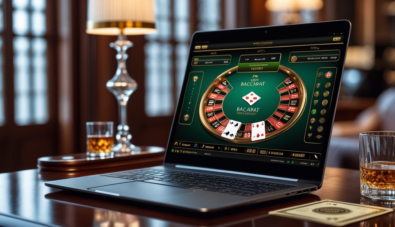 Sebuah meja dengan komputer menampilkan permainan baccarat online VIP tanpa komisi, dengan suasana mewah dan elegan.