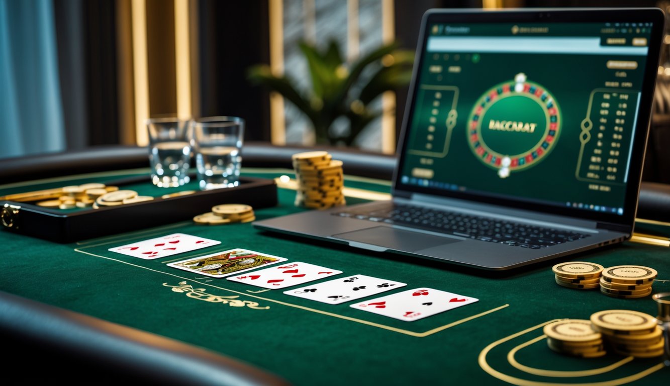 Meja baccarat VIP online eksklusif dengan kartu dan chip berjajar di atas meja hijau, serta layar komputer di latar belakang.