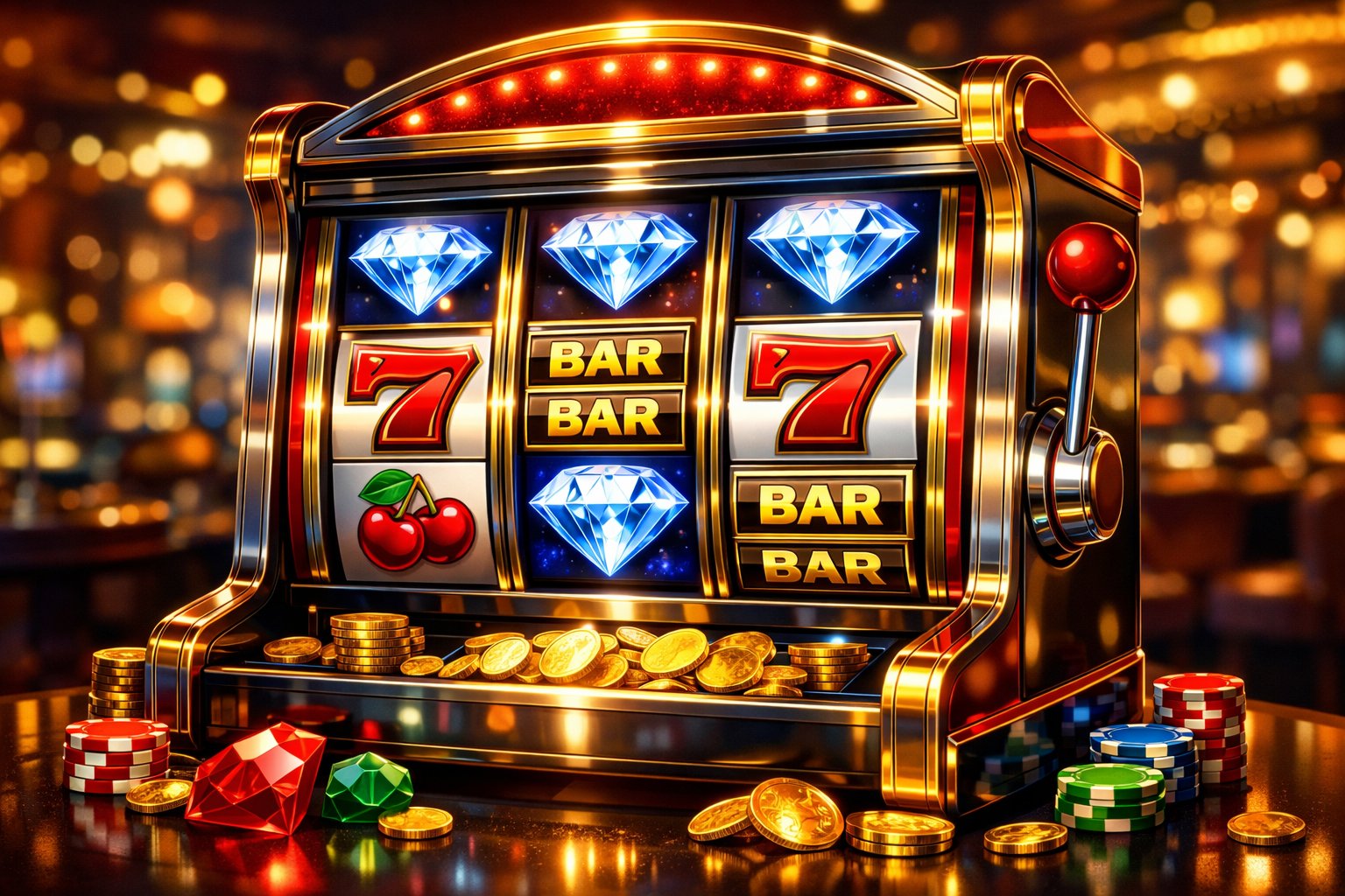 A Detailed Illustration Of A Slot Machine With Reels Showing Diamonds, Gems, And Classic Slot Symbols Inside A Casino Setting.
