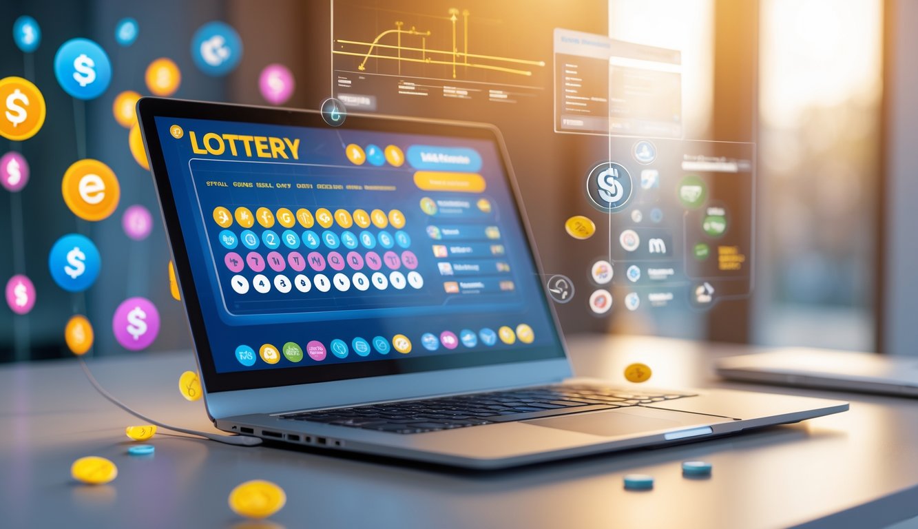 Seorang pengguna sedang melihat layar laptop dengan tampilan angka dan grafik lotere online di meja yang rapi.