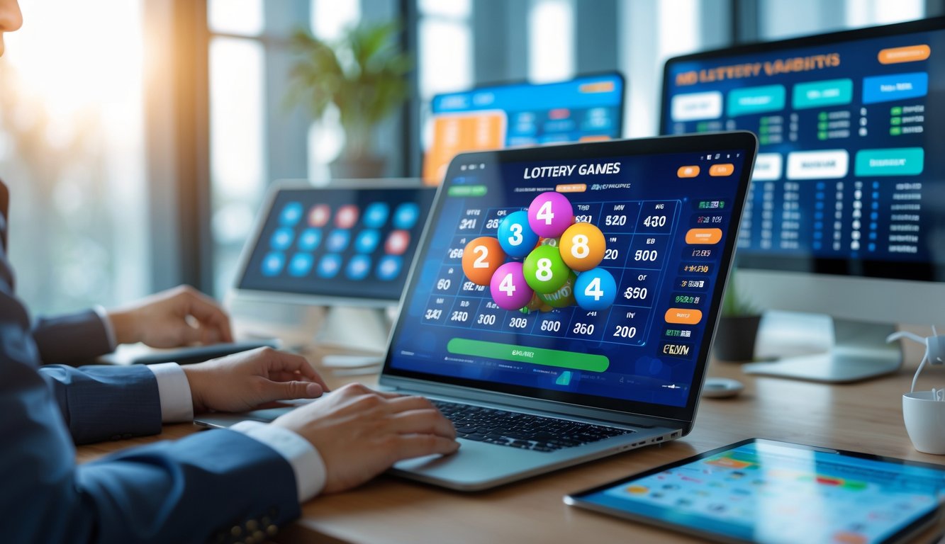 Seseorang sedang menggunakan laptop dan tablet di ruang kerja modern dengan beberapa layar digital yang menampilkan berbagai pilihan pasar togel online.
