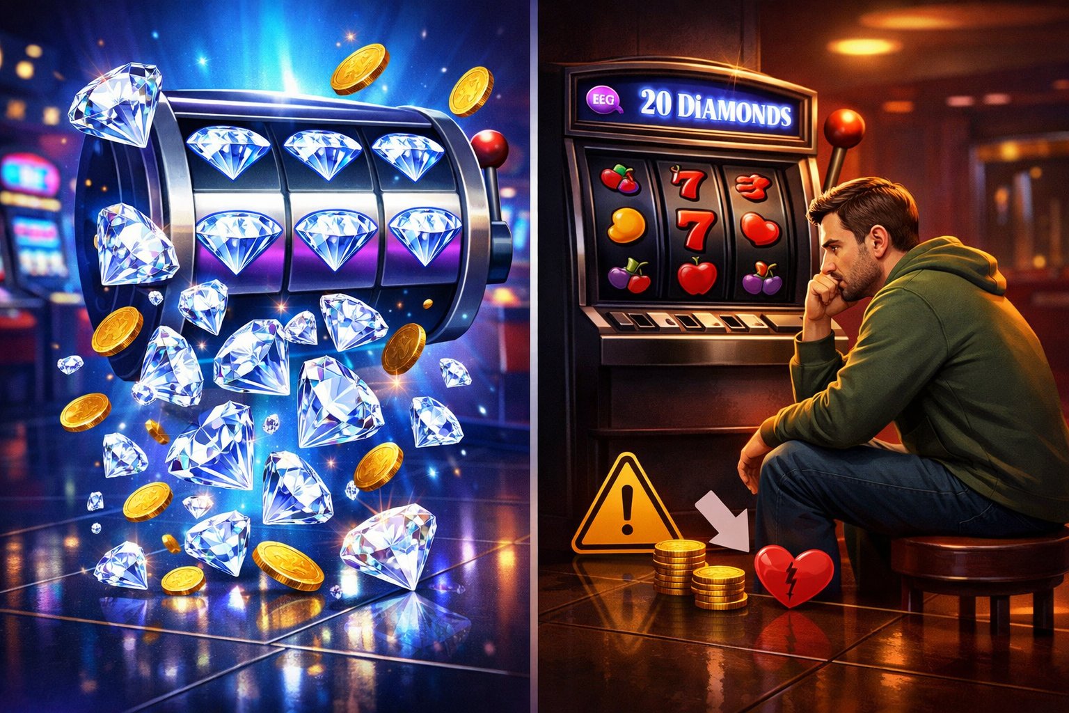 A Balanced Scene Showing Sparkling Diamonds Coming From A Slot Machine On One Side And A Thoughtful Player With Caution Symbols On The Other Side Inside A Casino Setting.