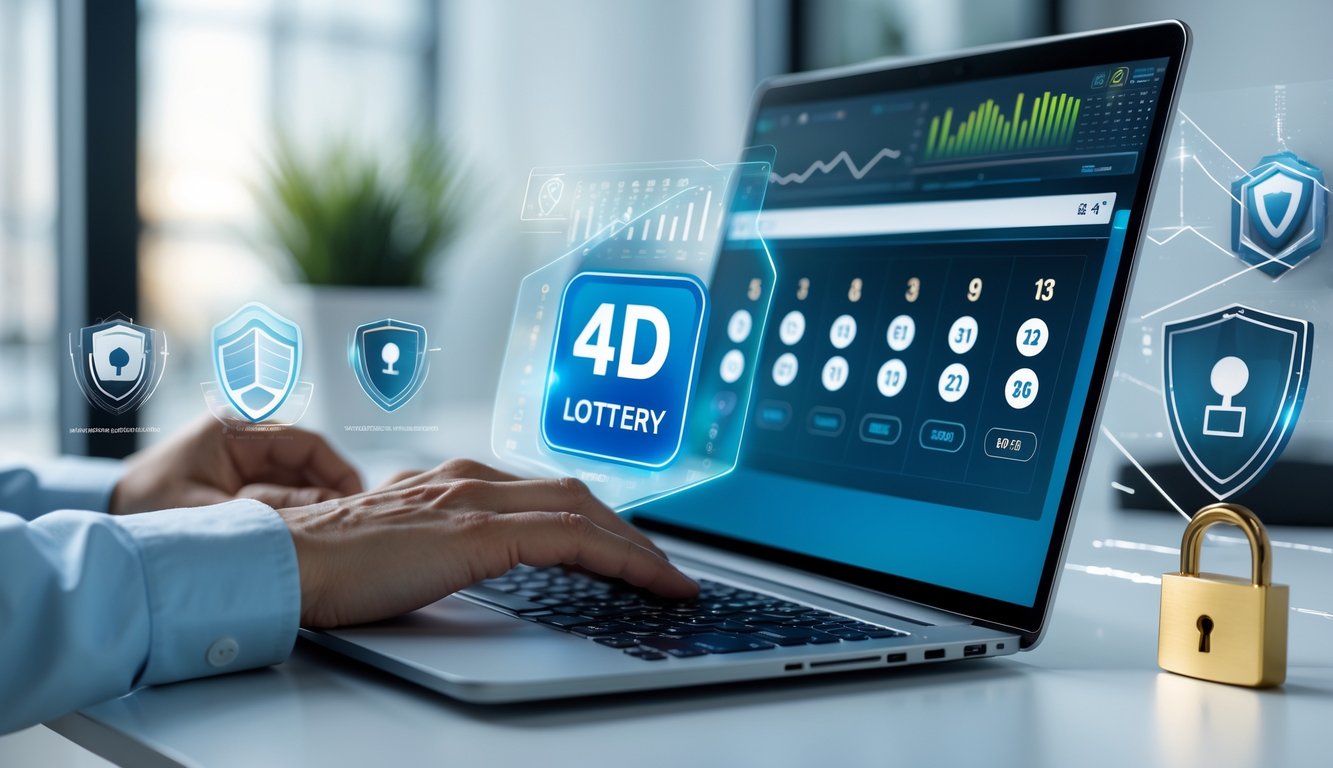 Seorang pengguna sedang menggunakan laptop di meja kerja yang rapi dengan tampilan antarmuka lotere digital di layar, dikelilingi oleh simbol keamanan seperti ikon perisai dan gembok.
