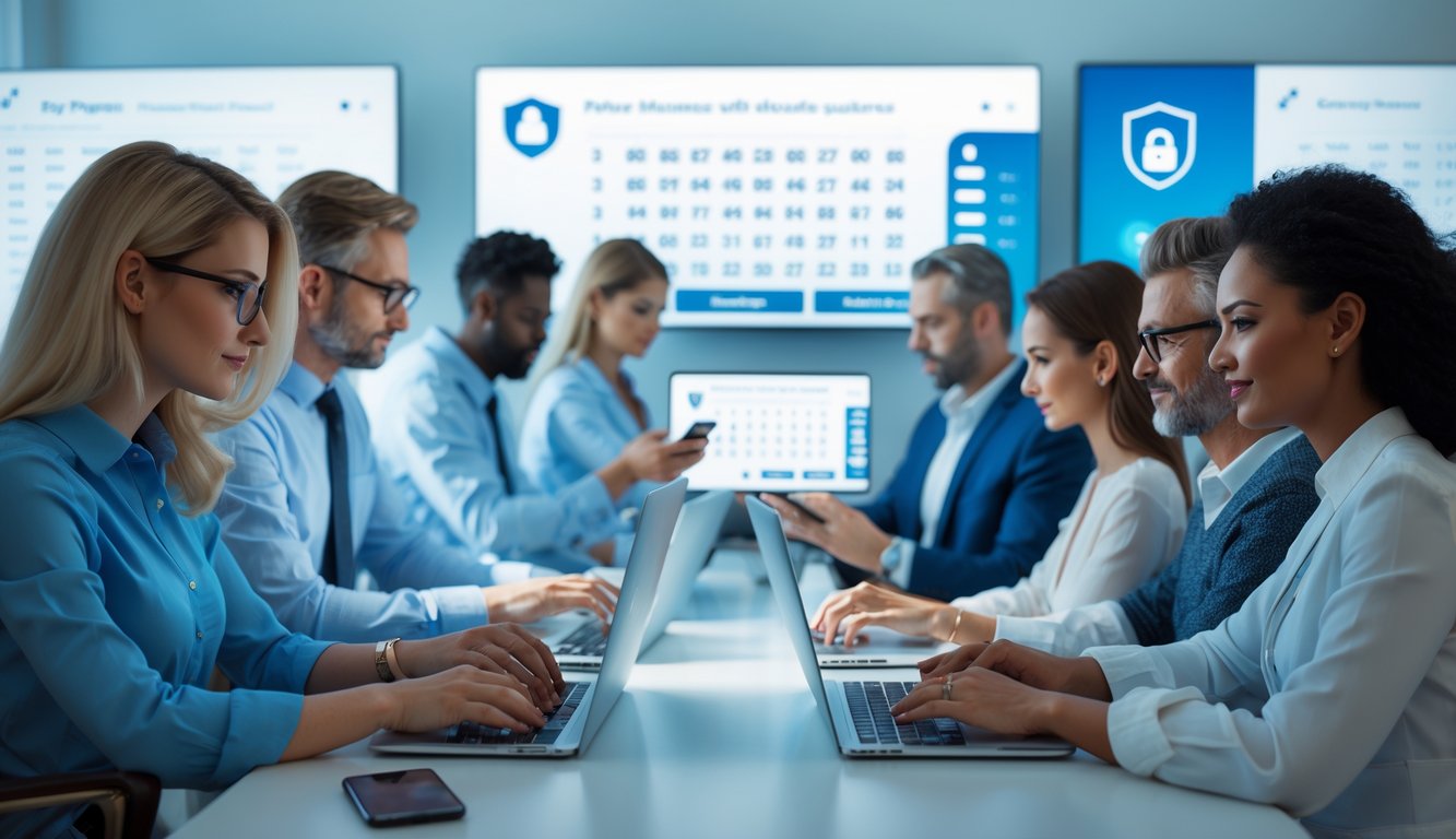 Sekelompok orang dewasa menggunakan laptop dan ponsel di ruangan modern yang terang, menunjukkan suasana bermain togel online yang aman dan resmi.