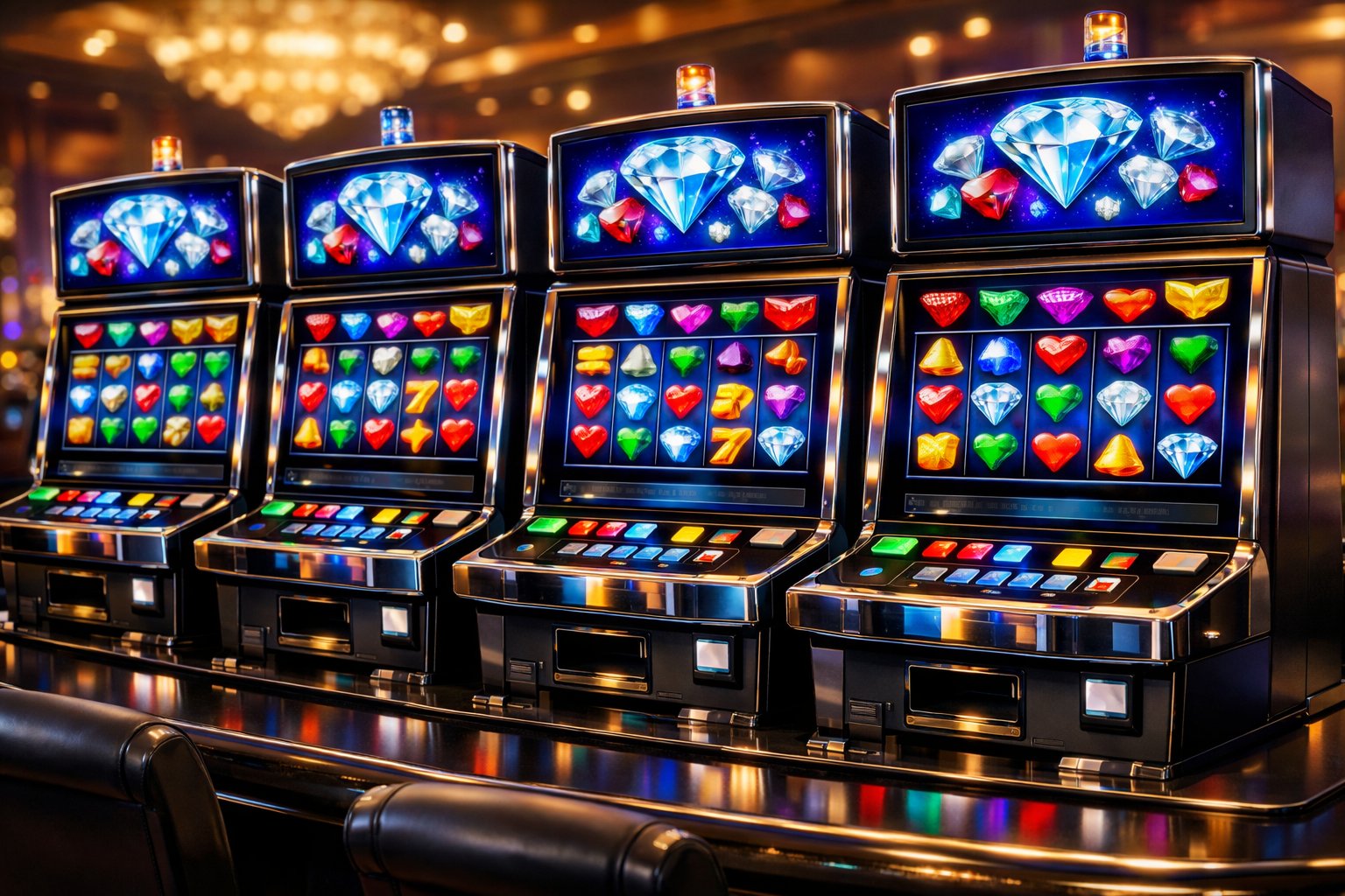 A Casino Table With Several Similar Slot Machines Featuring DiamondThemed Symbols And Colorful Reels.