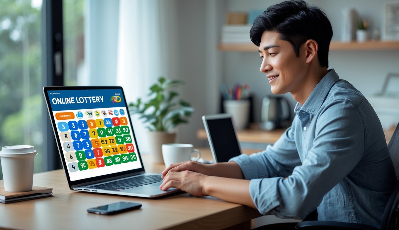 Seorang dewasa muda duduk di meja kerja menggunakan laptop dengan tampilan permainan togel 4D online di layar.