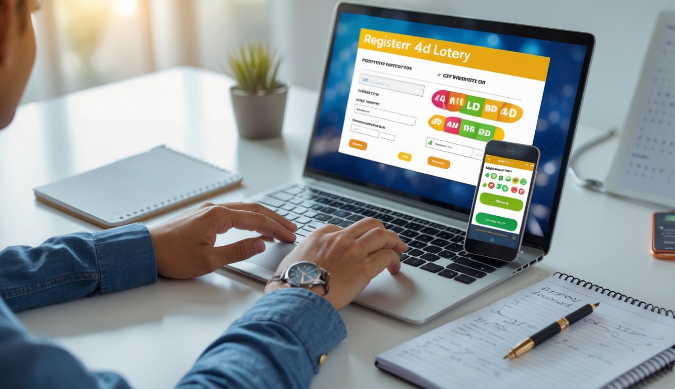 Seseorang sedang menggunakan laptop dan ponsel di meja kerja untuk mendaftar dan bermain togel online 4D.