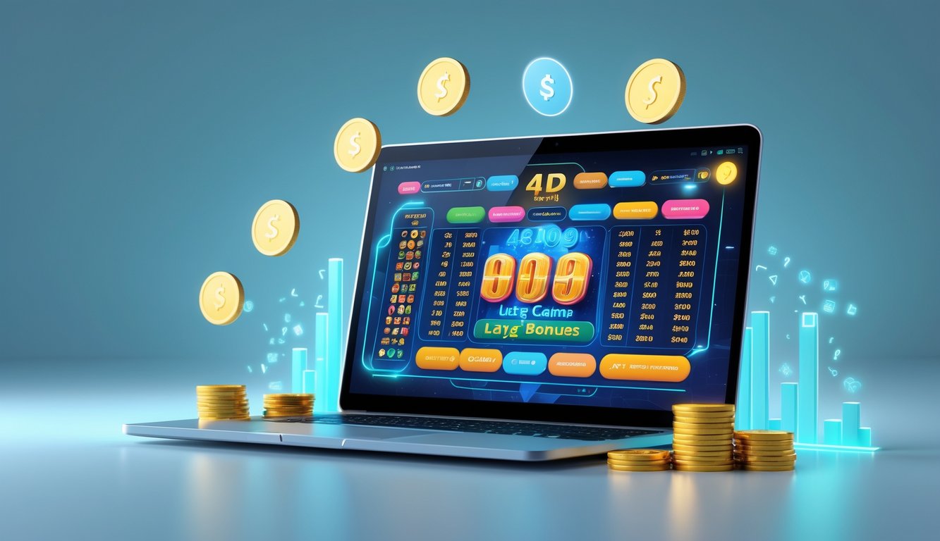 Seseorang menggunakan laptop dengan tampilan antarmuka lotere online yang menampilkan angka dan simbol hadiah di layar.