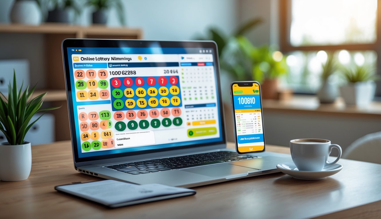 Sebuah ruang kerja modern dengan laptop dan ponsel menampilkan angka lotere, cangkir kopi di atas meja kayu, dengan suasana nyaman dan terang.