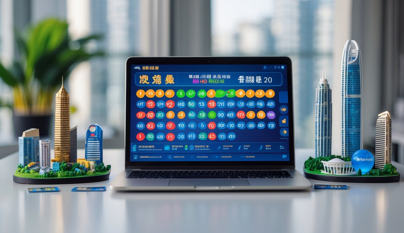 Meja kerja modern dengan laptop yang menampilkan angka lotere digital dan latar belakang yang menampilkan landmark Hong Kong dan Singapura.