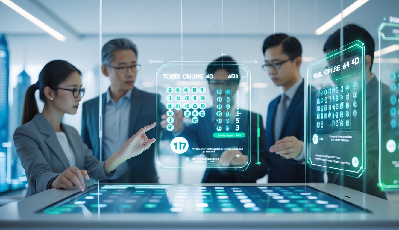 Orang-orang menggunakan layar sentuh digital dengan angka lotere dan latar belakang kota Hong Kong dan Singapura.