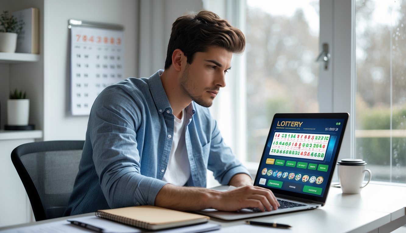 Seorang pria muda duduk di meja kerja dengan laptop dan alat tulis, fokus mempelajari permainan togel online.