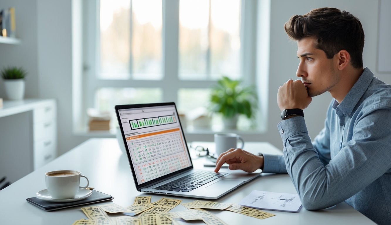 Seorang dewasa muda sedang duduk di meja kerja dengan laptop terbuka, memperhatikan angka dan catatan, di ruang kerja rumah yang terang dan rapi.