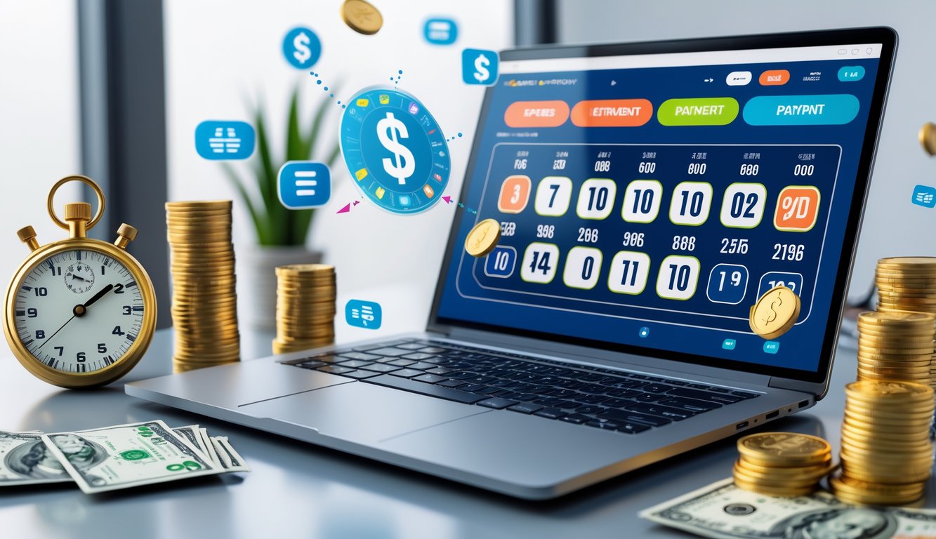 Seseorang menggunakan laptop dengan tampilan antarmuka lotere online dan ikon pembayaran cepat di meja kerja modern.