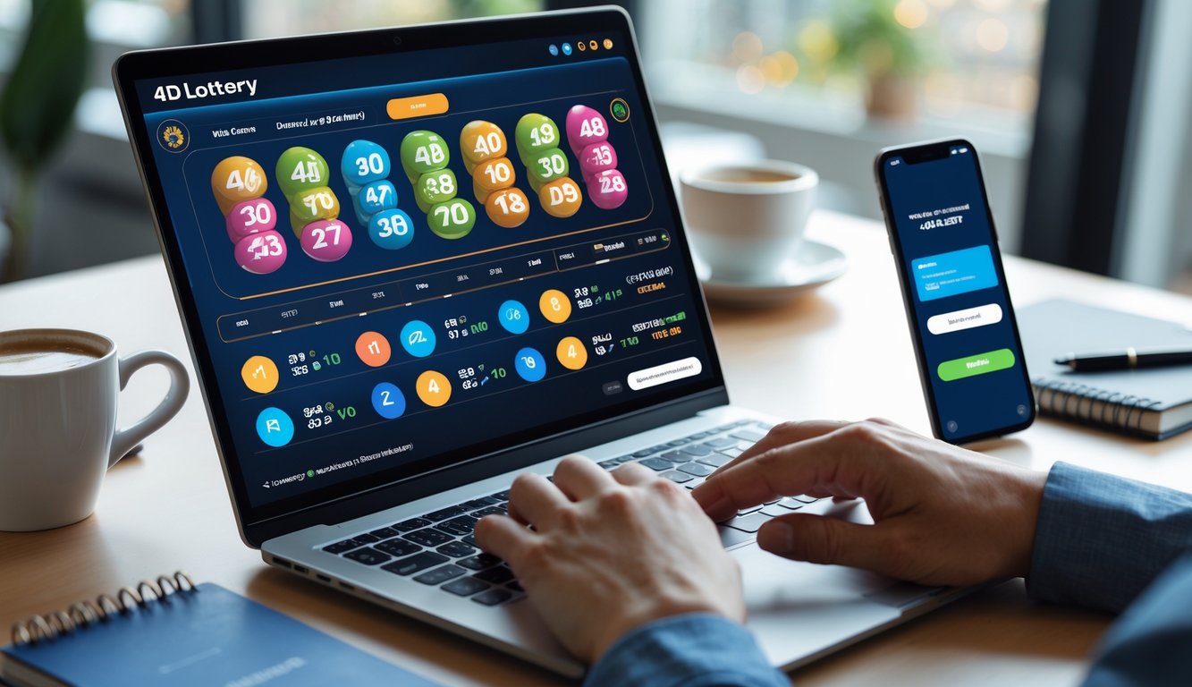 Seseorang menggunakan laptop dan smartphone di meja kerja yang rapi, menampilkan aktivitas bermain togel online 4D dengan pembayaran cepat.