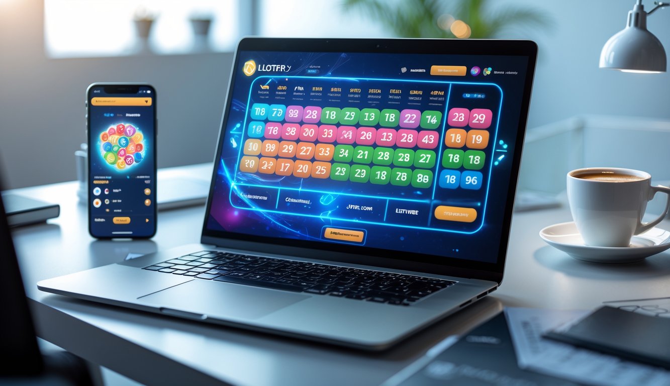 Meja kerja modern dengan laptop menampilkan antarmuka permainan togel online 4D, dikelilingi oleh smartphone dan cangkir kopi.
