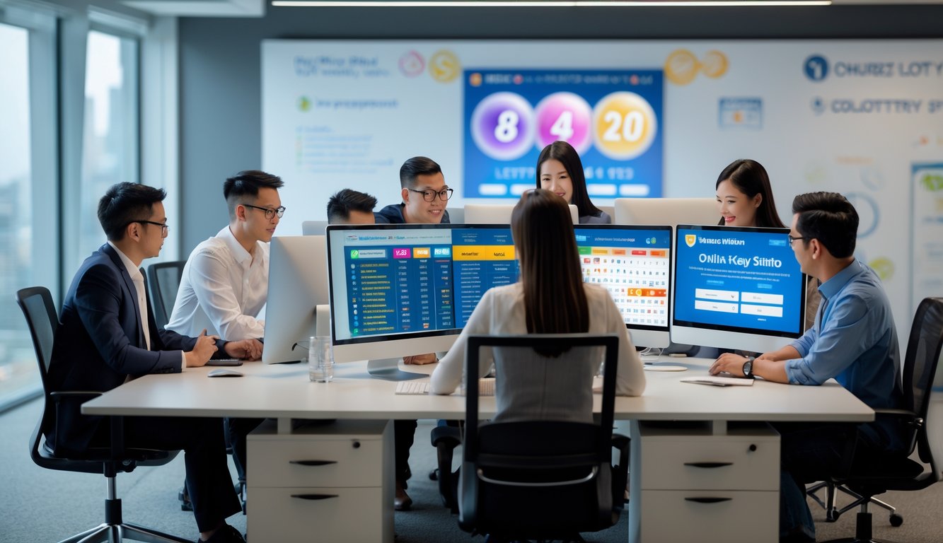 Sekelompok orang bekerja bersama di kantor modern dengan komputer yang menampilkan angka lotre dan grafik terkait lotre 4D.