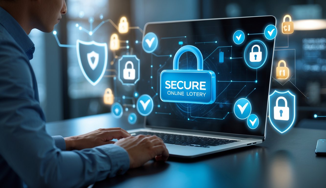 Seseorang menggunakan laptop dengan ikon keamanan digital di sekitar, menggambarkan sistem togel online 4D yang aman dan terpercaya.