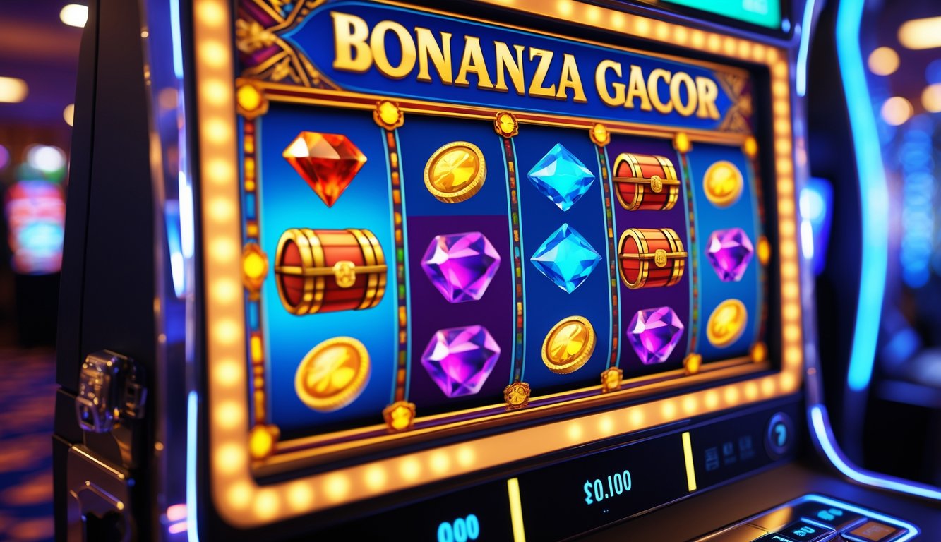 Layar mesin slot online dengan simbol warna-warni seperti permata dan koin emas di latar kasino digital.