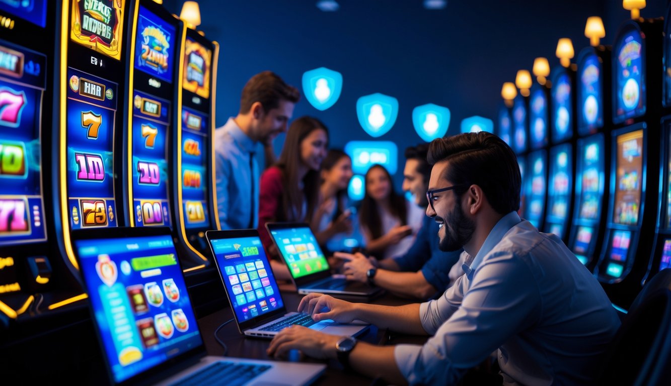 Orang-orang menggunakan perangkat digital di ruangan dengan layar mesin slot yang berwarna-warni dan suasana yang cerah.