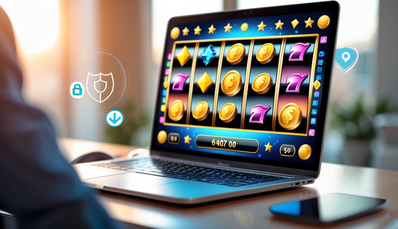 Seorang pengguna komputer dengan permainan slot online berwarna-warni di layar, dikelilingi simbol keamanan seperti gembok dan tanda centang, menunjukkan lingkungan judi slot online yang terpercaya.