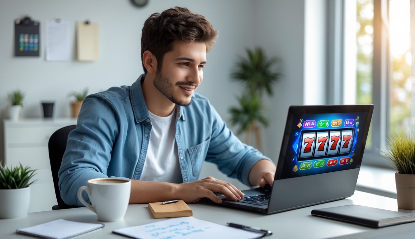 Seorang pemula bermain permainan slot online di laptop di ruang kerja rumah yang terang dan nyaman.