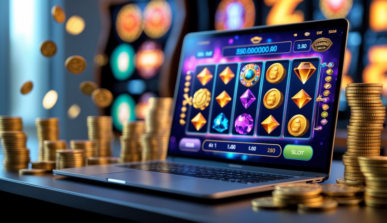 Seorang pengguna bermain mesin slot online di laptop dengan koin dan chip poker di sekitar meja.