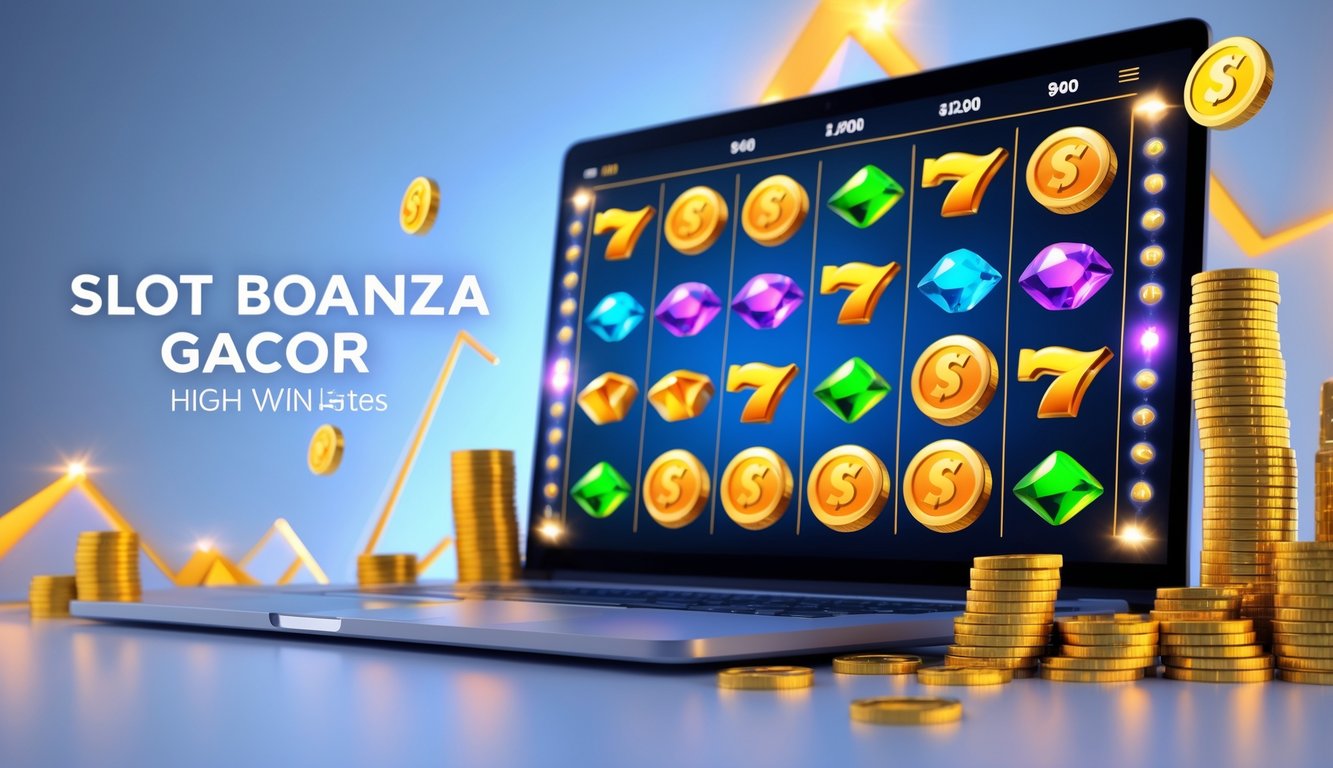 Sebuah layar komputer menampilkan permainan slot online dengan simbol koin emas dan permata, dikelilingi oleh tumpukan koin dan efek cahaya yang menandakan kemenangan.