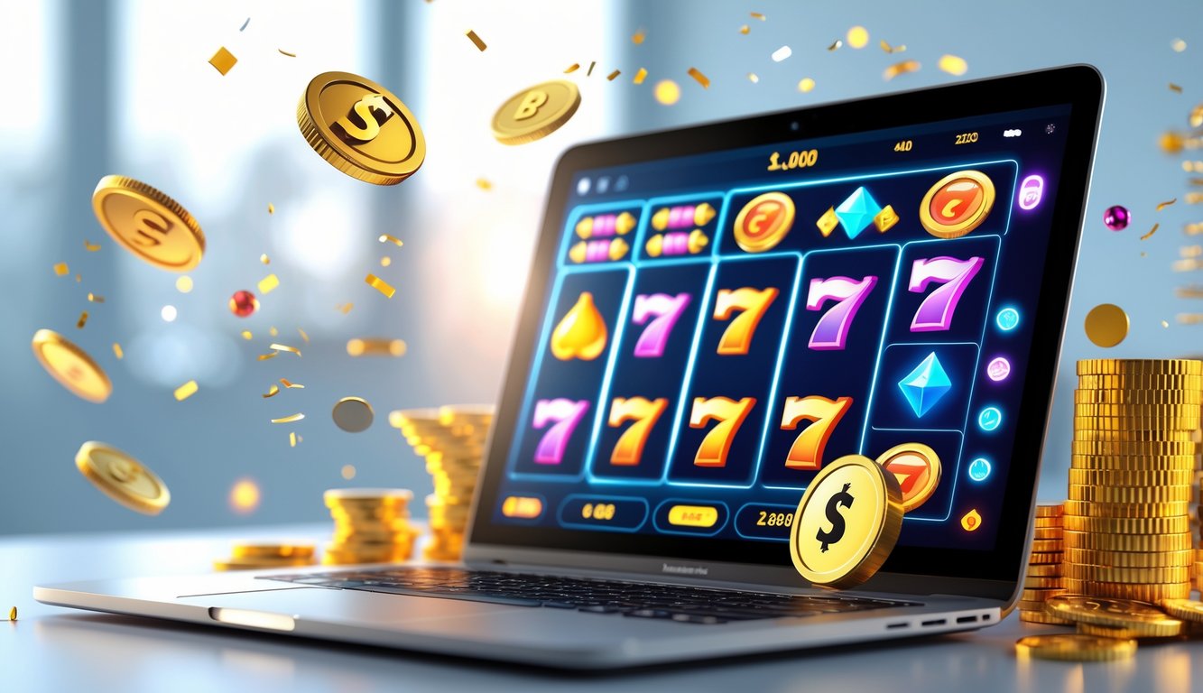Seseorang bermain mesin slot online di depan komputer dengan koin emas dan simbol keberuntungan di layar.