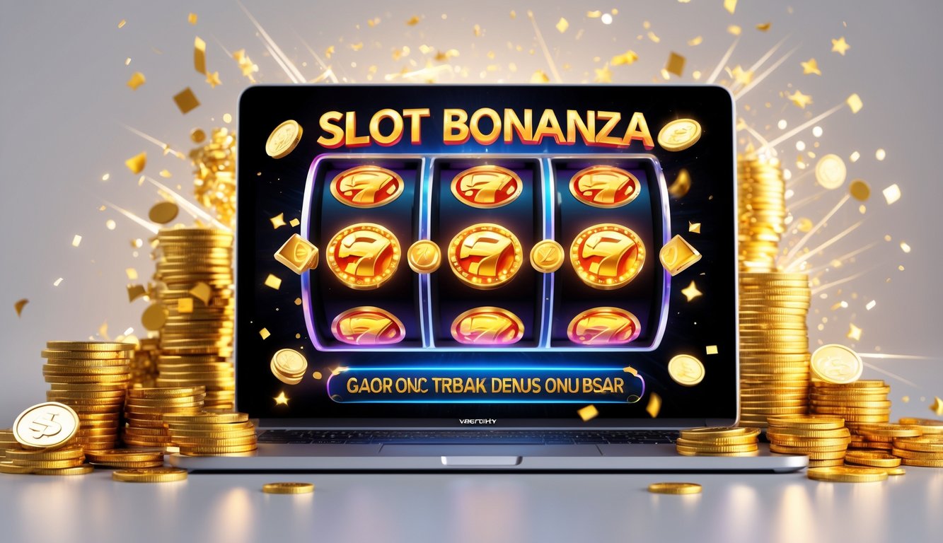 Seorang pemain menggunakan laptop dengan tampilan mesin slot berwarna cerah dan koin emas di sekitar layar, menggambarkan pengalaman bermain slot online dengan bonus besar.