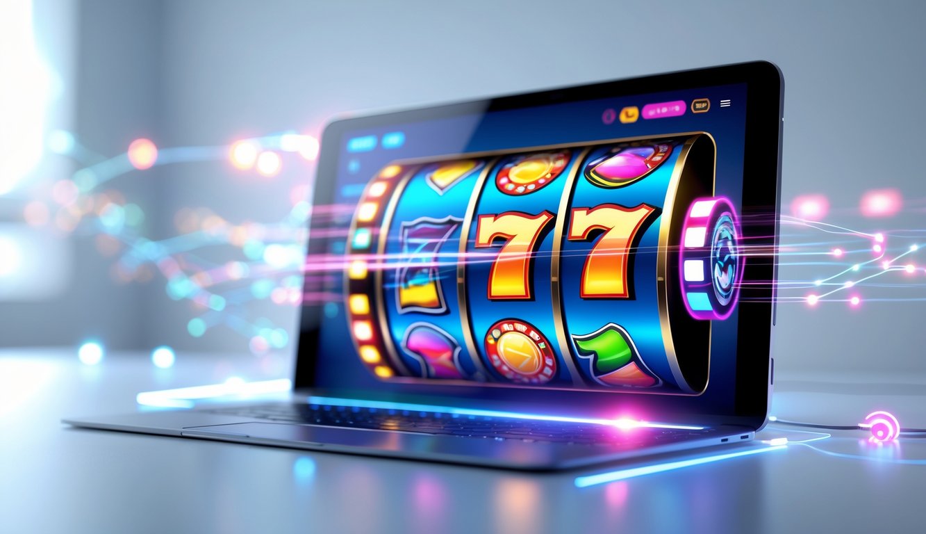 Gambar perangkat digital menampilkan permainan slot online dengan gulungan berwarna-warni yang berputar, dikelilingi oleh elemen konektivitas digital.