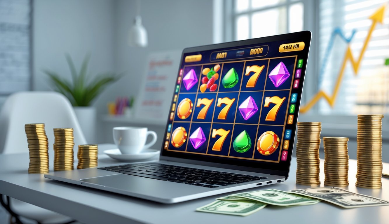Seorang pengguna bermain mesin slot online di komputer dengan koin dan grafik keuntungan di meja kerja yang rapi.