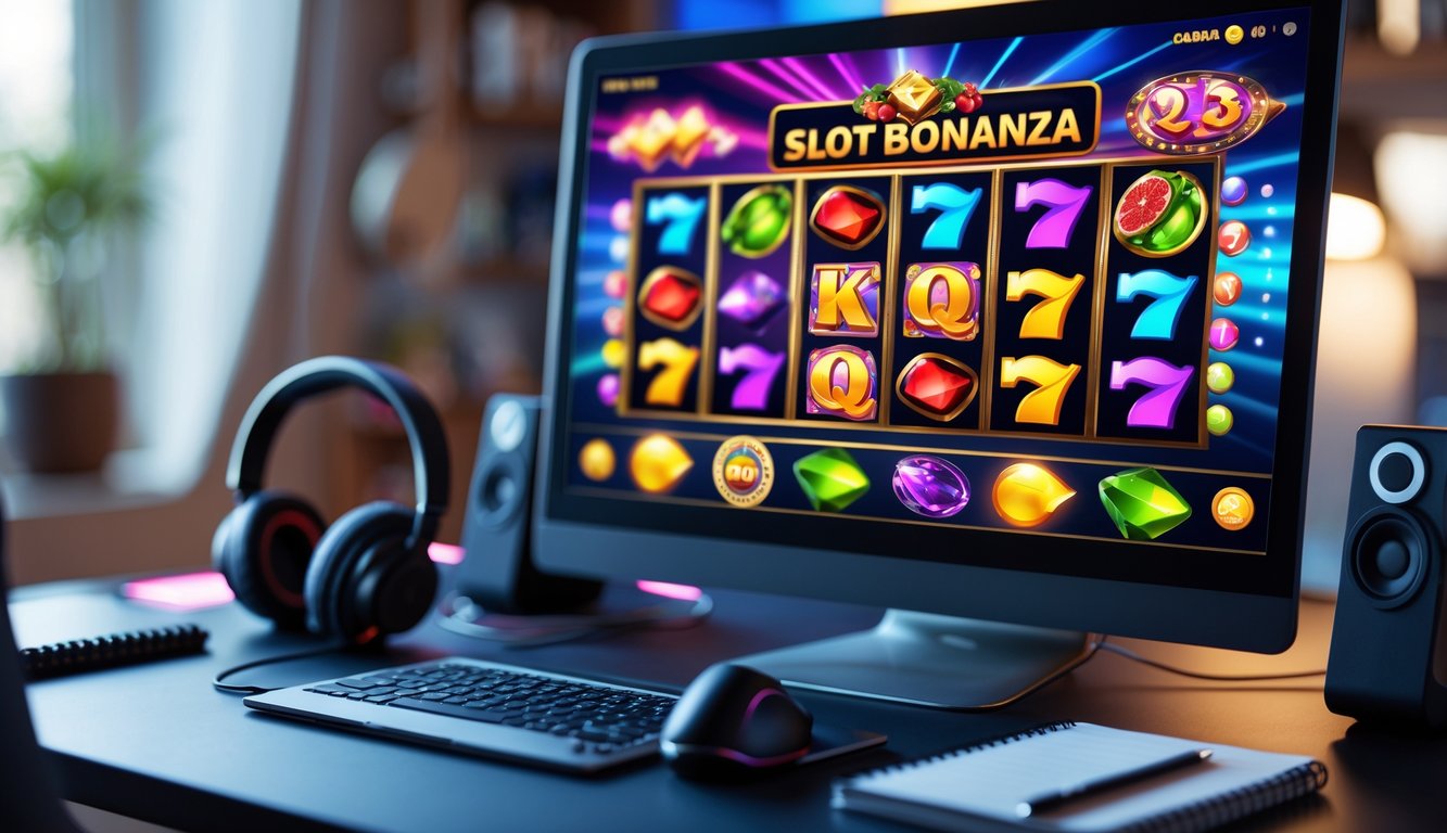 Seorang pemain sedang menggunakan komputer dengan layar menampilkan permainan slot online berwarna-warni di sebuah meja kerja modern.